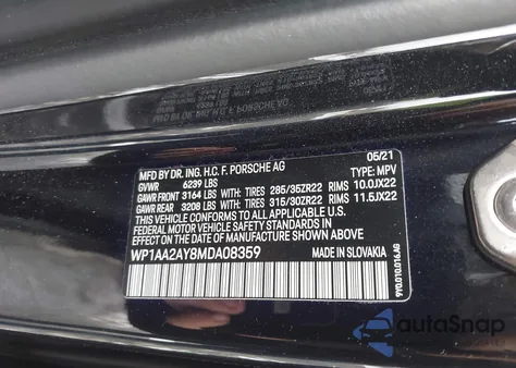 2021 Porsche Cayenne z USA, uszkodzony, nr VIN WP1AA2AY8MDA08359